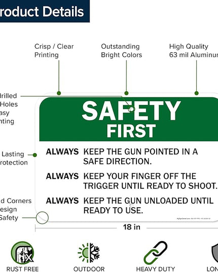 Safety First Always Keep The Gun Pointed In A Safe Direction Sign, 12x18 Inches, Rust Free .063 Aluminum, Fade Resistant, Made in USA by My Sign Center