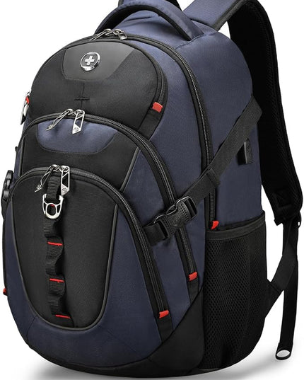 Swissdigital Design Laptop Backpack, Travel Backpack with USB Charging Port Fits 15.6 inches Computer, 31L College School Bookbag for Men, Blue/Black | SD803-12