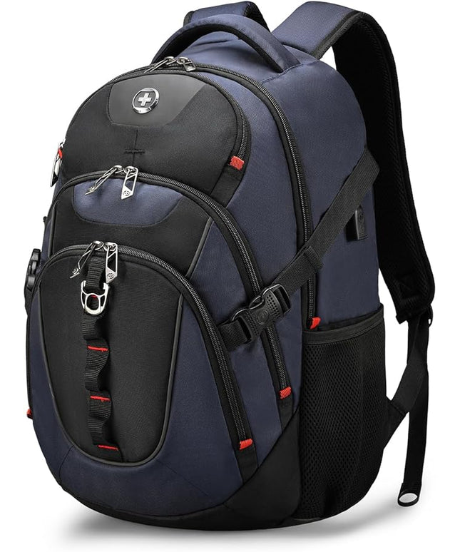 Swissdigital Design Laptop Backpack, Travel Backpack with USB Charging Port Fits 15.6 inches Computer, 31L College School Bookbag for Men, Blue/Black | SD803-12