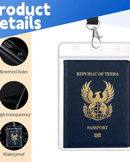 3 Pack 4 X 5.5 Inch Extra Large Passport Holders with Lanyards, Clear ID Badge PVC Card Holder, Waterproof Passport Cover Sleeve Protector for Cruise Plane Credit Card Ticket (Black)