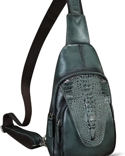 Genuine Leather Sling Bag Embossed Crocodile Pattern Leather Crossbody Sling Backpack Handmade Chest Purse Daypack (Darkgrey)