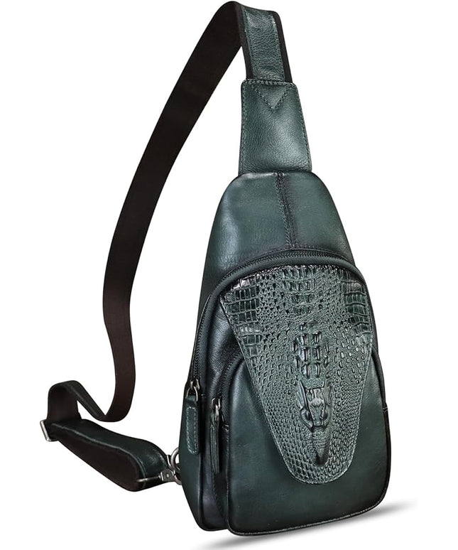 Genuine Leather Sling Bag Embossed Crocodile Pattern Leather Crossbody Sling Backpack Handmade Chest Purse Daypack (Darkgrey)