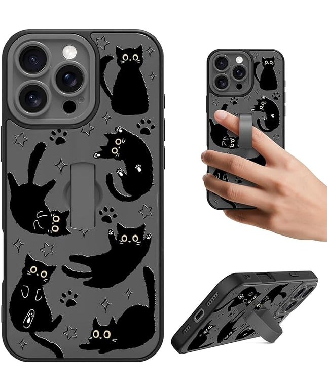 Cute Case for iPhone 16 Pro Case with Finger Loop Stand, Kawaii Black Cats Pattern Design for Women Girls Boys, Full Camera Protection Protective Phone Cover with Hand Strap Kickstand