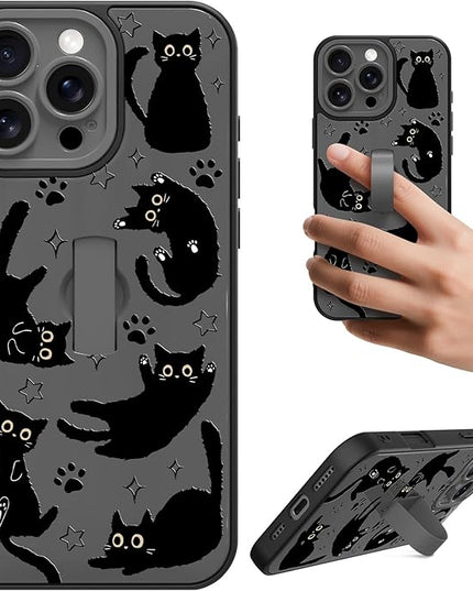 Cute Case for iPhone 16 Pro Max Case with Finger Loop Stand, Kawaii Black Cats Pattern Design for Women Girls Boys, Full Camera Protection Protective Phone Cover with Hand Strap Kickstand