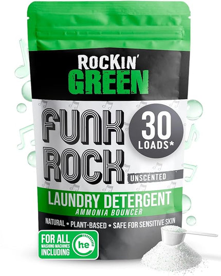 Rockin' Green Laundry Detergent, Plant based, All Natural Laundry Detergent Powder, Vegan and Biodegradable Odor Fighter, Safe for Sensitive Skin (Funk Rock Ammonia Bouncer 30 Loads - Unscented)