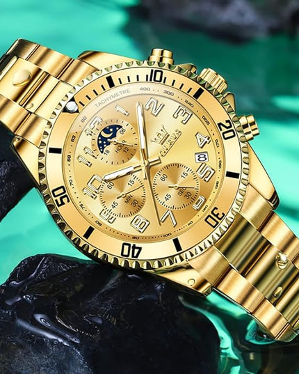 OLEVS Mens Watches Chronograph Watch Luxury Dress Stainless Steel Waterproof Watches for Men Moon Phase Luminous Business Calendar Wrist Watch Blue/Black/Green/Gold/Face
