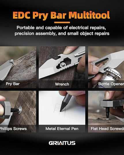EDC Pry Bar Multitool with Bi-Directional Ratchet Screwdriver & Everlasting Pen, Wrenches, Crowbar, Bottle and Box Openers - Your Versatile Companion for Everyday Carry and Camping Accessories