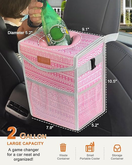 Car Trash Can with Lid, Cute Leakproof Car Trash Garbage Bag Hanging Vehicle Trash Bin Small Portable Automotive Garbage Cans Organizer for Back/Front Seat/Console(Trapezoid,Pink Print)