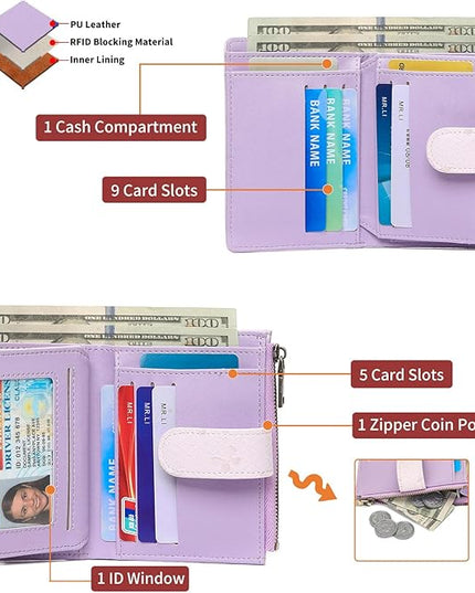GAEKEAO Small Wallets for Women Leather RFID Blocking Bifold Zipper Pocket Wallet Card Case Purse with ID Window