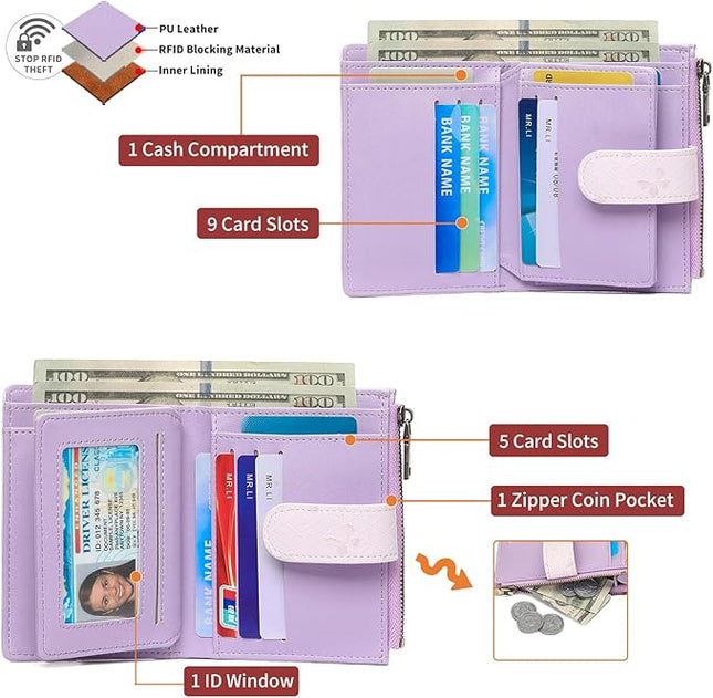 GAEKEAO Small Wallets for Women Leather RFID Blocking Bifold Zipper Pocket Wallet Card Case Purse with ID Window