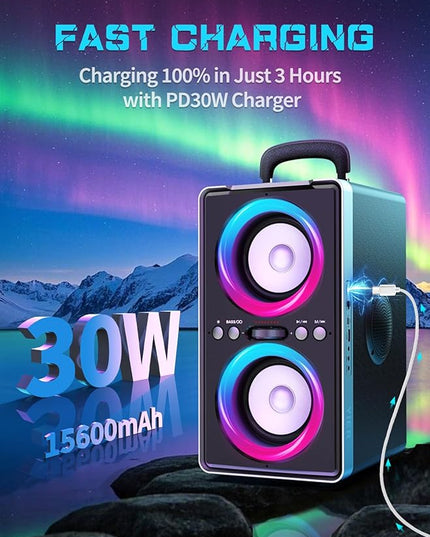 Bluetooth Speaker, 200W Peak Loud Stereo with Big Bass, 20H Playtime, TWS, Fast Charging, Portable Handle, Wireless Large Boombox Bocina with LED Light for Party Outdoor Backyard Camping