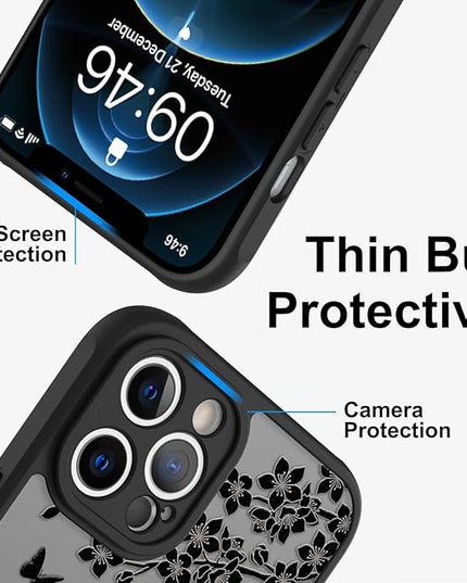 Cute Case for iPhone 12 Pro Max Case with Stand [ Compatible with MagSafe ] Kawaii Black Cat & Floral & Butterflies Pattern Design 360 Magnetic Ring Kickstand Phone Cover for Women Girls Boys
