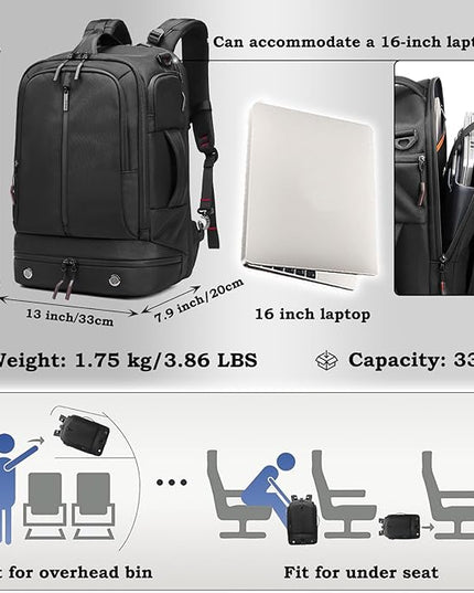 Somago 16 Inch Laptop Backpack Water Resistant Carry On Daypack Backpack Anti Theft Travel Rucksack Backpack with Shoe Compartment Shoulder Strap for Men Women, 33L (Black)