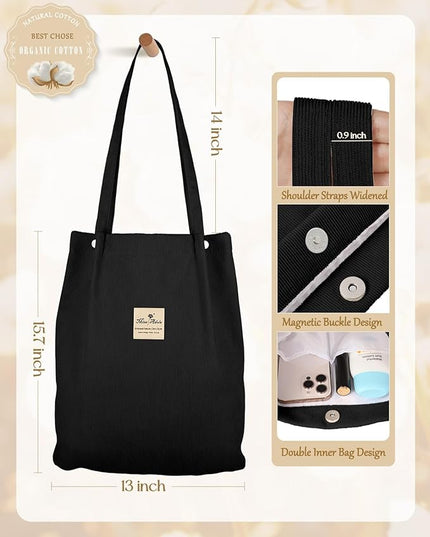 Aesthetic 2 Pack Corduroy Tote Bag - with Makeup Pouch Bag for Women Reusable Grocery Bag for Gym, Travel, Work