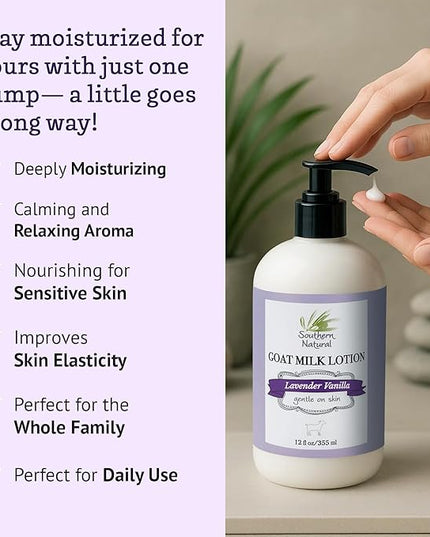 Southern Natural Goat Milk Lotion – Nourishing Face, Body & Hand Moisturizer for Dry & Sensitive Skin - Hydrating Cream, Gentle Skincare for Soft & Smooth Feel - Lavender Vanilla Scent - 12oz