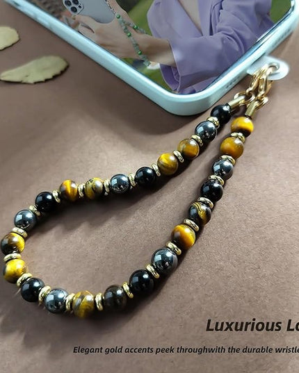 Marble Beaded Phone Wrist Strap,Detachable Phone Bracelet Strap with Tether Tab,Hands-Free Wristlet Strap (Yellow Tiger Eye)