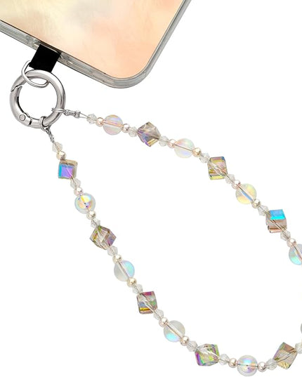 Cell Phone Wrist Strap Crystal Beaded Phone Bracelet Strap For Women Sparkling Beads Wristlet Lanyard Beaded Chain (Transparent Rainbow)
