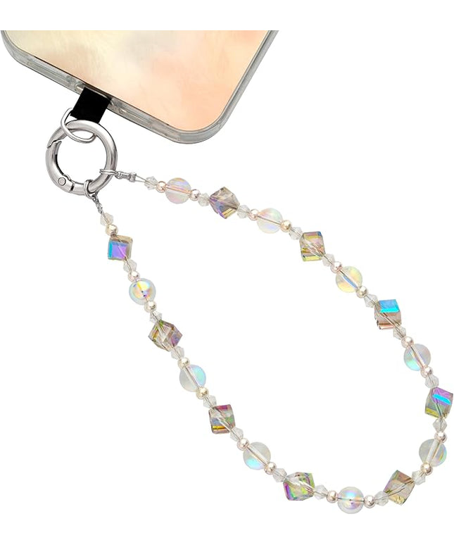 Cell Phone Wrist Strap Crystal Beaded Phone Bracelet Strap For Women Sparkling Beads Wristlet Lanyard Beaded Chain (Transparent Rainbow)
