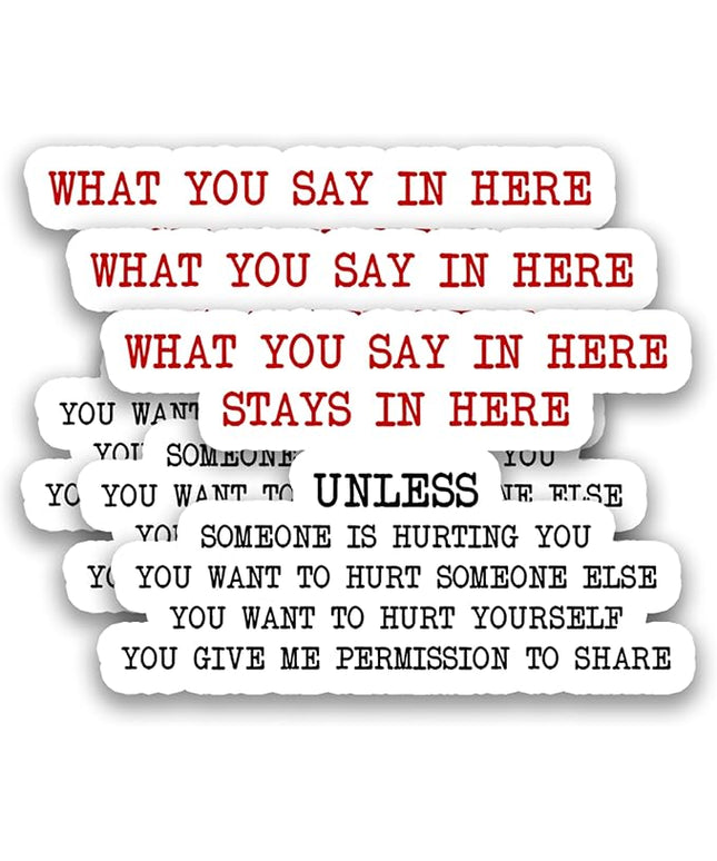 (3Pcs) What You Say in Here Stays in Here Stickers Confidential Quote Therapy-Style Humor Vinyl Decals Office Decor for Desk, Laptop, Water Bottle, Tumbler, 3" x 2"