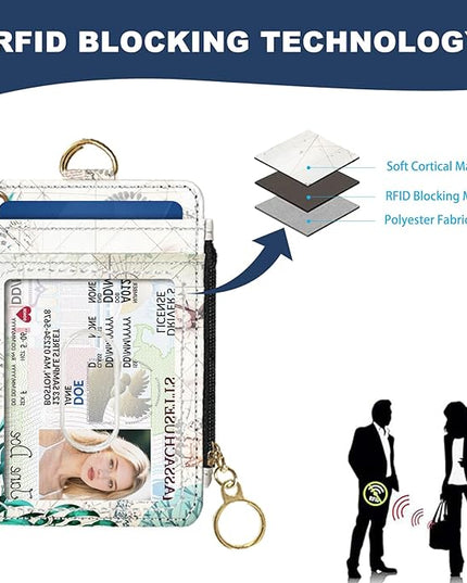 Slim Wallet Credit Card Holder, Map TurtleX, RFID Wallet Women Cute Small Front Pocket Wallet With Zipper, PU Leather Thin travel RFID Blocking Card Case ID Window,Ladies Gifts
