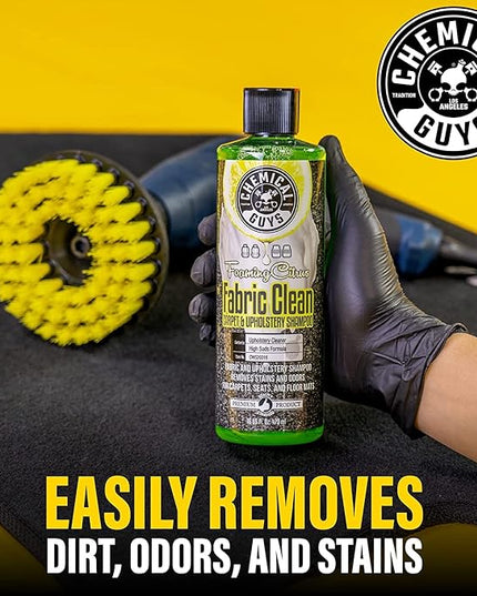 Chemical Guys Foaming Citrus Fabric Clean Drill Brush Kit - High Foaming Stain and Odor Remover, Upholstery, Floor Mat & Car Carpet Cleaner, Deep Cleans & Deodorizes, Citrus Scent - 16 fl oz