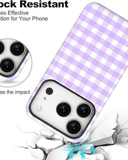 Magnetic for iPhone 17 Pro Case Cute Checkered Stripes Phone Case for Women Girls, Shockproof Slim TPU and Hard PC Protective Phone Cover Compatible with MagSafe Designed, Purple