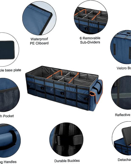 Car Trunk Organizer and Storage with Removable Leakproof Cooler Bag, 6 Removable Dividers for Custom Space, Collapsible Trunk Storage with Non Slip Bottom, Foldable Cover for SUV, Jeep, MPVs