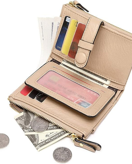 AOXONEL Women's Wallets Leather Wallets for Women Rfid Small Ladies Wallet Billfolds for Women,Trifold Mini Wallets for Women with Double Zipper Coin Pocket (Apricot)