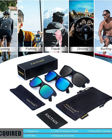 KALIYADI Sunglasses Men Polarized Sun glasses for Mens Womens Classic Matte Black Frame UV Protection 3pack
