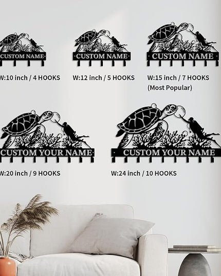 Casebrick Custom Sea Turtle Metal Wall Hooks,Key Holder-Personalized Iron Wall Decor for Keys, Coats & Home Organization (Black, Handmade,Decorative for Entryway, Beach,Bedroom,Office) (Style C)