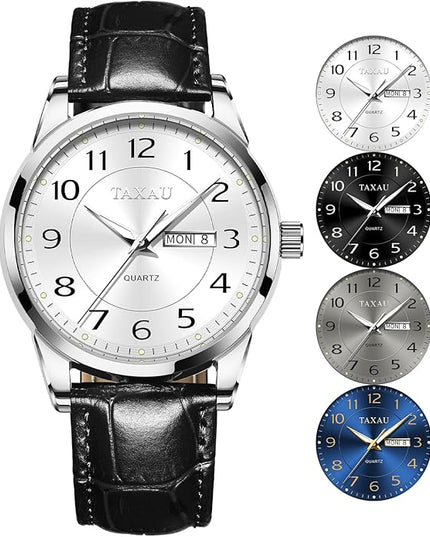 Men Dress Watch Waterproof Leather Watches for Men with Day Date Luxury Large Arabic Numerals Analog Quartz Classic Leather Watch Easy Read relojes para Hombres