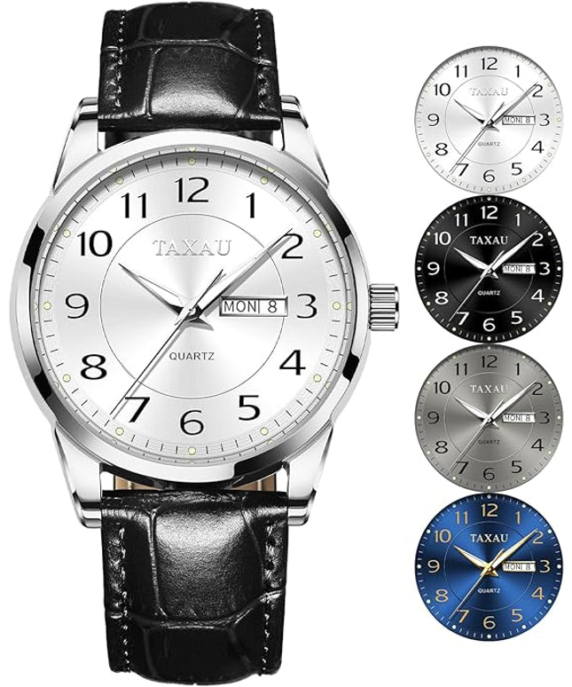 Men Dress Watch Waterproof Leather Watches for Men with Day Date Luxury Large Arabic Numerals Analog Quartz Classic Leather Watch Easy Read relojes para Hombres