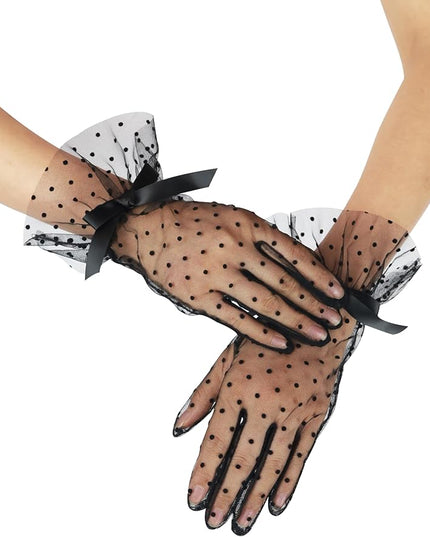 Women's Short Lace Gloves with Bow Ruffles Lace Tea Party Gloves for Wedding Costume Evening Dinner Party
