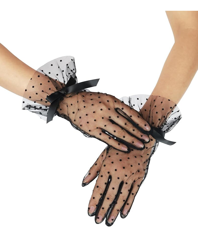 Women's Short Lace Gloves with Bow Ruffles Lace Tea Party Gloves for Wedding Costume Evening Dinner Party