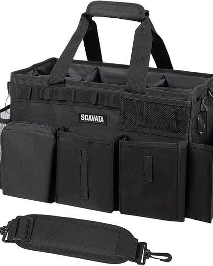 Wearable Cleaning Caddy Bag, Supplies Organizer with Handle & Shoulder Straps for Housekeepers, Under Sink & Car Cleaning Tool Organizer with 4 Foldable Dividers (Black)