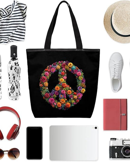 Pardick Canvas Tote Bags, Peace Symbol Flower Tote Bag Eco Friendly Reusable Grocery Shopping Bagsfor Beach, Books, Women with Zipper Inner Pocket