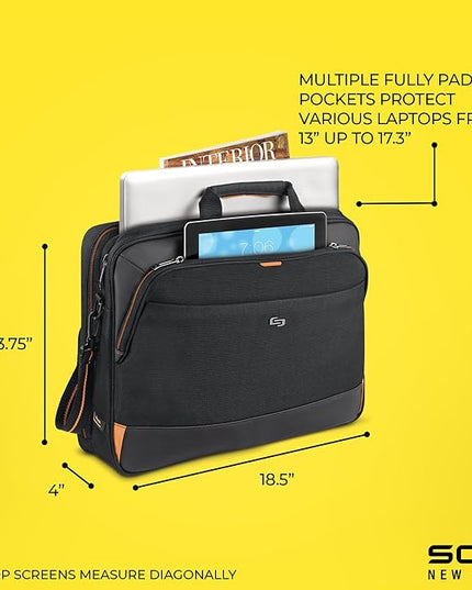 Solo New York Briefcase - Laptop Carrying Bag for Women & Men, Brief for Travel & Work, Internal Tablet Pocket, Adjustable Shoulder Strap, Fits 17.3" Computer - Focus, Black