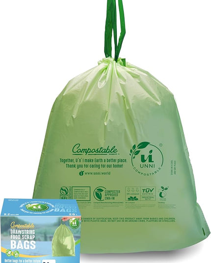 UNNI Compostable Drawstring Bags, 5.2 Gallon, 20 Liter, 60 Count, Heavy Duty 1 Mil, Small Kitchen Food Scrap Waste Bags, ASTM D6400, US BPI, CMA & Europe OK compost Certified, San Francisco