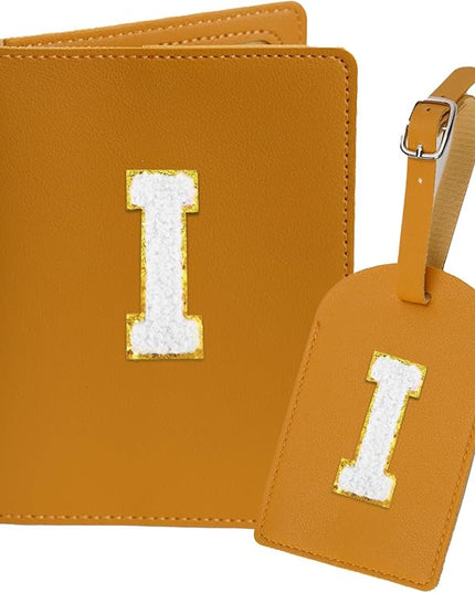 Initial Passport Cover Holder and Luggage tag Set,PU Leather Passport Case Travel Suitcase Tag with Letter Patch, Personalized Travel Luggage Accessories Gifts for Women Grils Teenage Ginger I