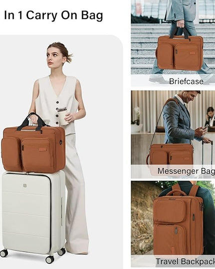 Hanke Convertible Laptop Bag, 3 In 1 Briefcase Backpack 17.3 Inch Computer Bag for Men Women, Travel Laptop Briefcase Messenger Bag, Underseat Carry On Personal Item, Reddish Brown