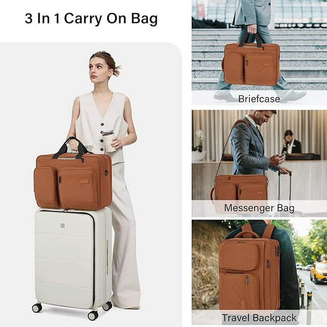 Hanke Convertible Laptop Bag, 3 In 1 Briefcase Backpack 17.3 Inch Computer Bag for Men Women, Travel Laptop Briefcase Messenger Bag, Underseat Carry On Personal Item, Reddish Brown