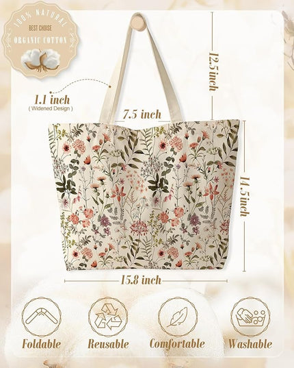 Large Tote Bag for Women - Canvas Tote Bag with Zipper Aesthetic Reusable Shoulder Bag for Gym, Travel, Work
