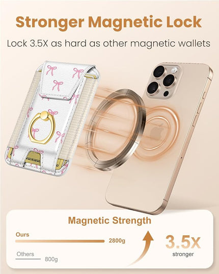 Shorogyt Compatible with Magsafe Wallet with Ring Grip Magnetic Card Holder - Cute Phone Wallets with Stand for iPhone 17/16/15/14/13/12 Series for Women Girls Bow Design, Fit 7 Cards