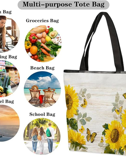 Pardick Canvas Tote Bags, Sunflower Wood Butterfly Tote Bag Eco Friendly Reusable Grocery Shopping Bagsfor Beach, Books, Women with Zipper Inner Pocket