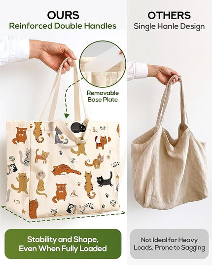 Large Canvas Grocery Tote Bag - Reusable Extra Large Shopping Shoulder Bags with 6 Inner Pockets & 2 Handle Strap