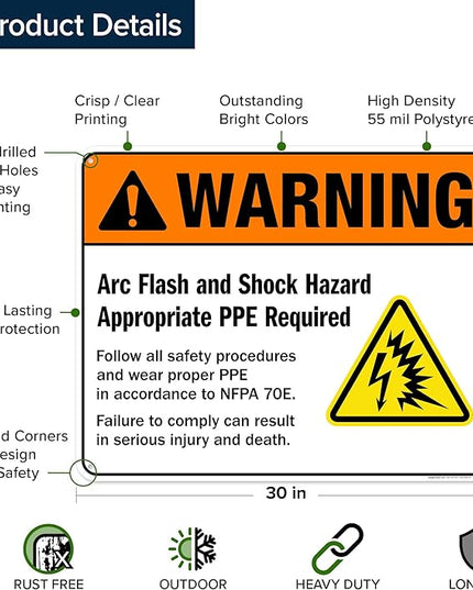 Warning Arc Flash And Shock Hazard Appropriate PPE Required Sign, 24x30 Inches, 55 mil thick HDPS (high density polystyrene), Made in USA by My Sign Center
