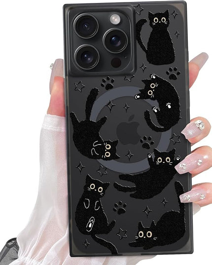 Cute Case for iPhone 15 Pro Case for Women Girls Boys [Compatible with Magsafe] Kawaii Black Cats Cat Pattern Design, Aesthetic Girly Animal Rectangle Magnetic Protective Phone Cover
