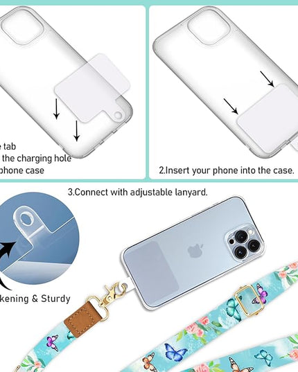Phone Lanyard Crossbody Wrist Strap, Butterfly Flower Cell Phone Lanyards for Around the Neck Wristlet Shoulder, Adjustable Floral Strap for Car Keys Keychain Wallet ID Badge