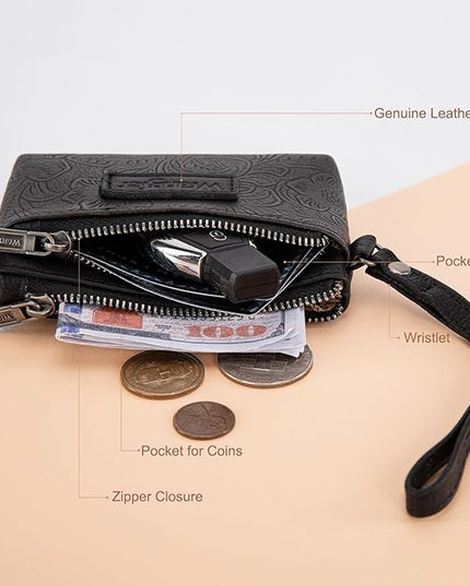 Montana West Wrangler Coin Purse for Women RFID-blocking Floral Embossed Change Pouch Wristlet Wallet Lightweight Portable Wallets Black