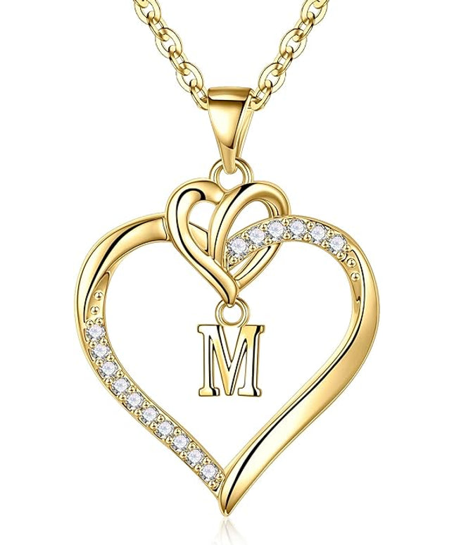STORUP Christmas Gifts for Women Teen Girls - Heart Initial Necklaces for Women Girls, 14K-Gold-Plated Cubic Zirconia Initial A-Z Pendant Dainty Heart Necklaces for Teen Girl Jewelry Birthday Gifts